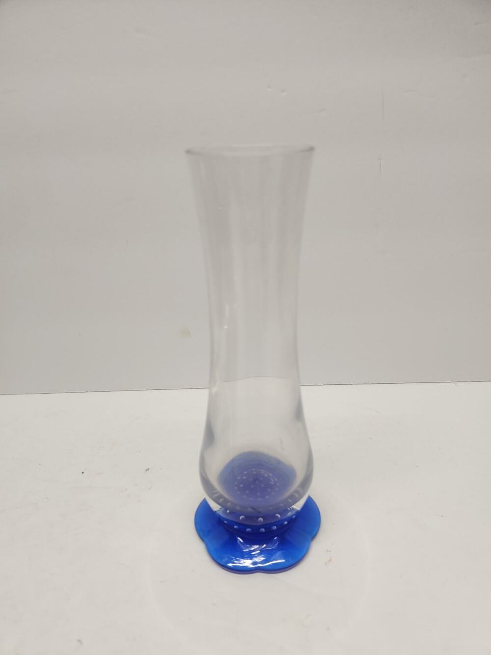 Art Glass Bud Vase Cobalt Blue Controlled Bubble Base Clear Vase 7 3/8"